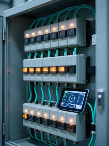 Macro shot of a high-tech industrial electrical panel with structured neon cyan wiring, glowing status LEDs, and a tablet showing real-time SCADA telemetry, cool blue and amber tones, sharp focus