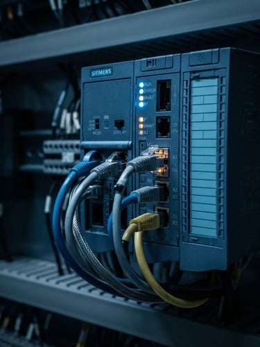 Macro shot of a high-end industrial PLC controller with glowing status LEDs, wired ethernet cables plugged in, dark slate background, technical cool blue lighting, sharp focus, 35mm
