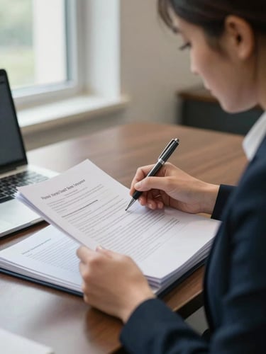 Close-up of a professional woman reviewing case documents at a conference table, forensic assessment binder open, pen in hand, natural window light from the left, documentary realism, institutional setting, no wellness aesthetics