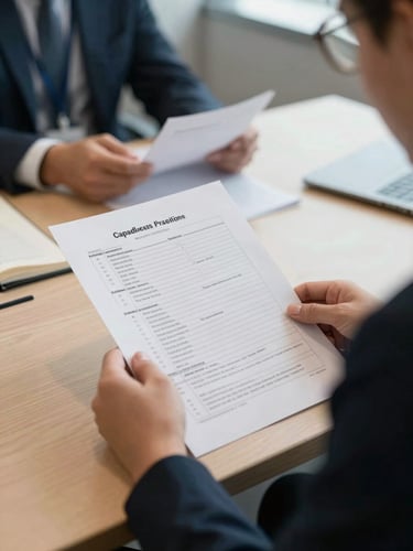 Close-up medium shot of a practitioner's hands holding a printed case worksheet at a conference table, a second professional visible out of focus across the table, cool office daylight, documentary realism, no wellness props