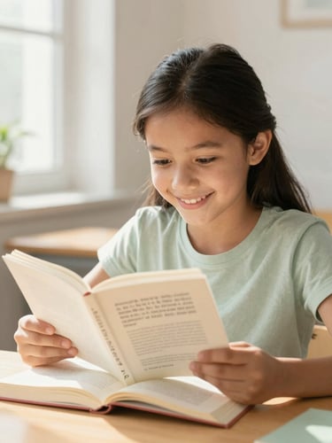 A smiling young Canadian girl of diverse background sitting at a wooden desk, looking focused and happy while reading an open French book, bright natural daylight, soft cream tones.