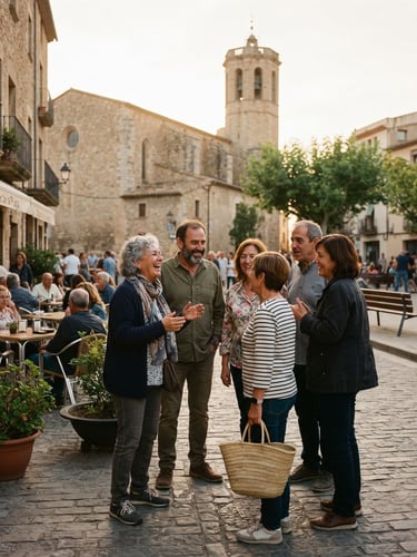 A group of cheerful Catalan neighbors talking naturally in a sunlit public square in Cervelló, warm golden-hour daylight, authentic community moment, 35mm photography