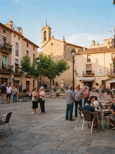 A wide environmental photo of a sunny public square in Cervelló, with neighbors talking in the background, warm golden-hour tones, 35mm.