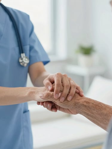 Close-up of a compassionate nurse holding an elderly patient's hand with gentle care, soft natural morning light, clean modern healthcare environment, gentle depth of field, authentic, 35mm