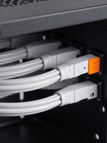 Macro portrait shot of immaculate cable routing inside a matte black PC chassis, clean architectural lines, cool studio lighting with a razor-sharp safety orange hardware detail, sharp focus, 85mm