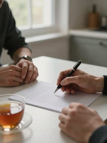 Close-up of two people's hands across a kitchen table, one holding a pen beside a printed document, warm north-facing window light, a cup of tea at the edge of frame — a quiet working moment, no faces