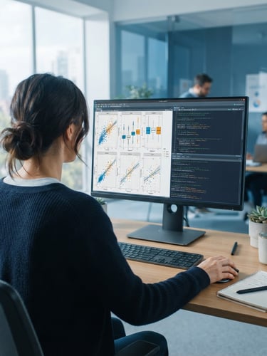Over-the-shoulder shot of a biostatistician reviewing clean data visualizations and R code on a high-resolution screen in a bright, modern workspace with cool blue tones.