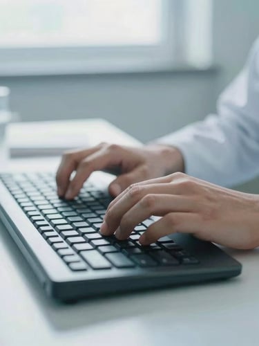 Close-up of hands on a keyboard in a bright, clean clinical research office, cool natural daylight reflecting off a sleek desk surface, 35mm.