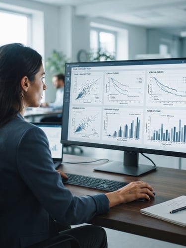 Over-the-shoulder shot of a biostatistician reviewing clean clinical data visualizations on a high-resolution screen, cool daylight, slate blue tones, sharp focus, 35mm