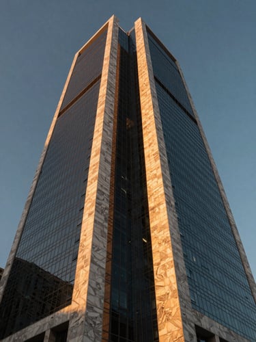 Heroic low-angle architectural photograph of a modern corporate skyscraper in Riyadh during golden hour, sharp geometric lines, dramatic shadows, premium marble and glass facade.