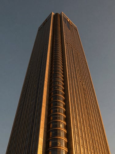 Editorial architectural photography of a modern luxury commercial tower in Riyadh at golden hour, dramatic low-angle shot, sharp details, rich warm bronze tones, medium format, high contrast.