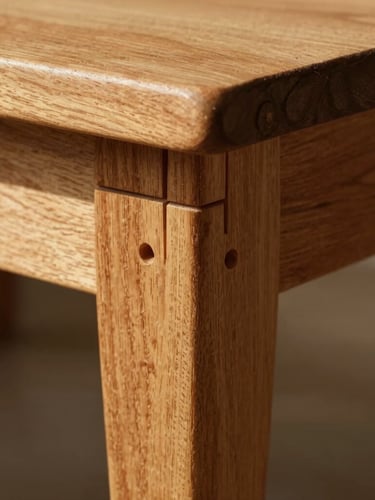 Macro close-up of a hand-crafted mortise and tenon joint on a solid wood table leg, warm natural side-lighting highlighting the tight wood-to-wood fit, 35mm editorial.
