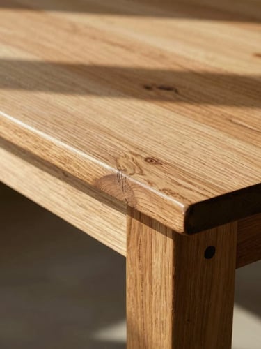 Close-up of hand-carved mortise and tenon joinery on a solid raw oak table, warm natural window light casting deep soft shadows, 35mm photography
