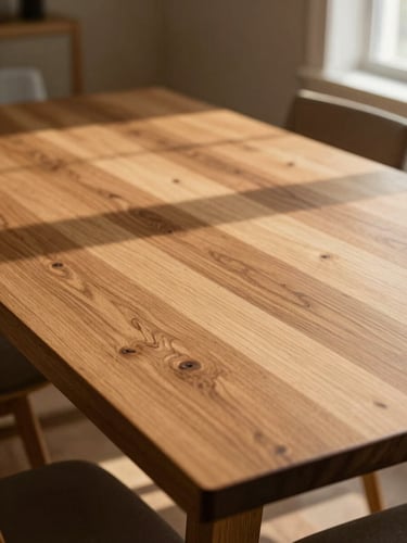 Low-angle warm editorial photo of a solid oak dining table in a sunlit room, soft window light casting deep shadows on the rich wood grain, shallow depth of field.