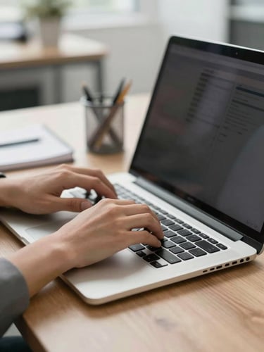 Close-up of organized modern office desk, hands typing on a sleek laptop, neutral bright daylight, clean corporate aesthetic.
