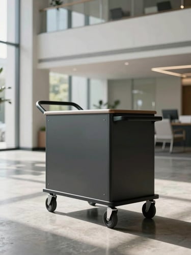 Architectural wide shot of a sleek, matte-finished mobile cart positioned in a modern, sunlit corporate lobby with polished concrete floors and minimalist greenery.