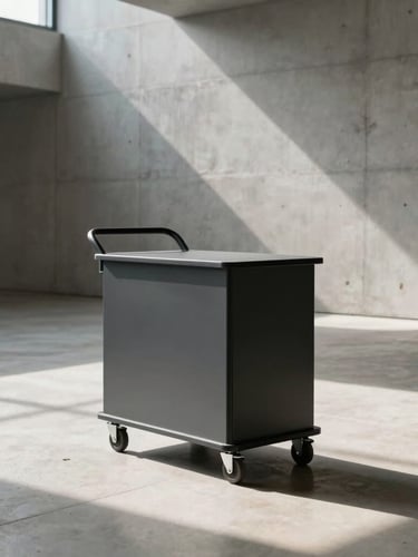 Architectural wide shot of a sleek matte-finished mobile cart standing silently in a modern, sunlit concrete gallery space with soft shadows.