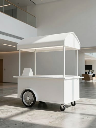 Architectural wide shot of a minimalist matte-white mobile dessert cart positioned in a sunlit, high-ceilinged modern corporate lobby with polished concrete floors, clean lines, and soft natural daylight.