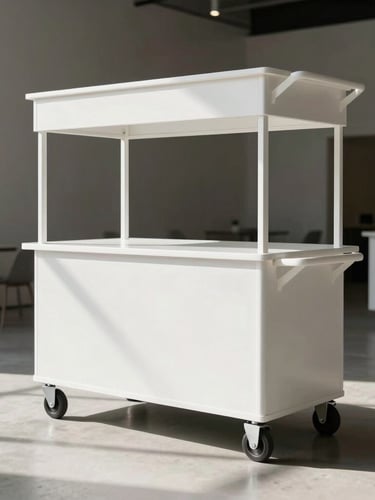 Architectural wide shot of a sleek matte white catering cart in a minimalist modern venue, crisp natural light casting soft shadows