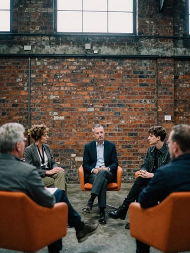 A gritty editorial photograph of a strategy session in a Salford brick-walled warehouse, natural overcast daylight, desaturated cool tones, 35mm film grain.