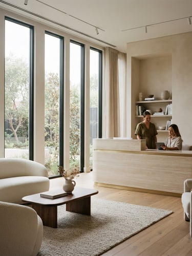 Wide architectural shot of a minimalist clinical reception lounge, featuring a smooth travertine desk with a subtle brass accent, soft diffused daylight streaming from tall windows, muted earth tones, medium format film, elegant.