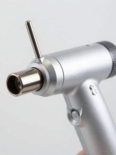 Close-up of a precision laser handpiece emitter, bright high-key clinical studio lighting, sterile grey background, sharp macro details, 50mm