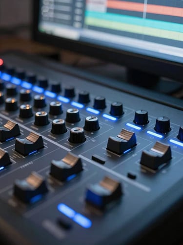 Close-up of a high-fidelity video editing console with cool blue backlighting, precise control dials, and a clean timeline interface visible on a monitor in the background.