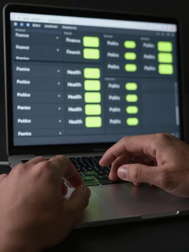 Tight medium shot of a hand mid-click on a laptop trackpad, the screen showing a placement control dashboard with category toggle switches—finance, health, politics—some toggled off in neon lime, cool screen glow illuminating the fingers against a near-black background, sharp focus on the interaction point