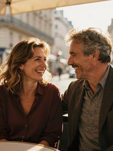 A warm candid photo of a mature French couple in their late 30s laughing naturally on a Parisian café terrace, soft golden-hour light, shallow depth of field, 35mm photography.