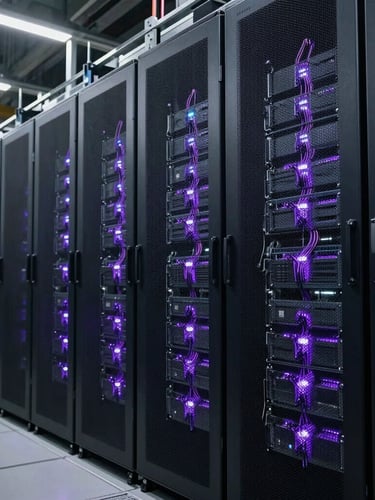 Cinematic wide-angle shot of a massive, dark server facility with glowing electric purple wiring, high contrast