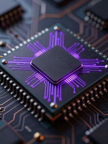Extreme macro shot of a silicon microchip, razor-sharp geometric circuits glowing with single-source electric purple backlighting, deep chiaroscuro shadows, high-contrast futuristic technology.