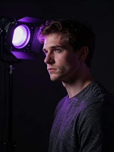 Moody portrait of a digital artist in a dark studio, illuminated by a sharp single-source electric purple light from the side, high-contrast chiaroscuro, cinematic composition.