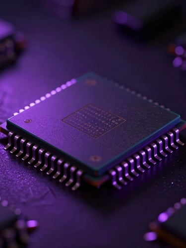 Cinematic wide shot of a single silicon microchip under sharp electric purple backlighting, deep shadows, extreme close-up, high contrast.