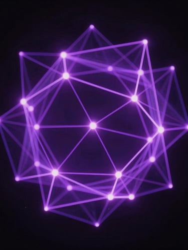 Cinematic portrait of abstract glowing geometric vectors forming a complex neural web, electric purple light, deep black background.