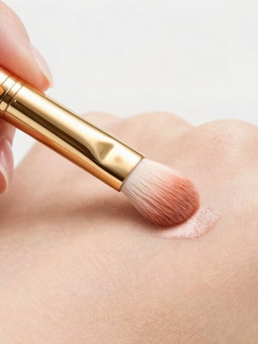 Macro close-up of a beauty application, flawless skin texture, delicate hand using a gold brush to apply highlighter on a cheekbone, soft studio lighting, clean white background