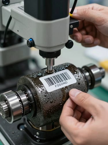 Close-up of a hand using a rugged industrial scanner to verify a barcode label adhered to a textured, oily metal component in a brightly lit factory.