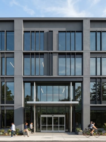 Straight-on architectural photography of a modern commercial building facade with flawless slate gray synthetic stucco, crisp clean lines under bright natural daylight.
