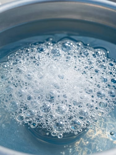 Close-up of clean water aeration tank with fine bubble diffusion, bright daylight, metallic blue tones, crisp high-contrast