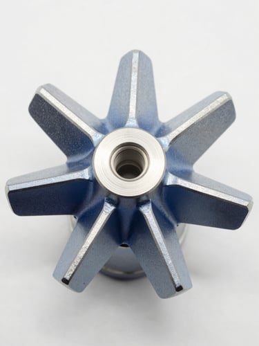 Macro shot of a high-precision machined aluminum impeller, crisp industrial studio lighting, metallic silver and deep blue tones, 35mm