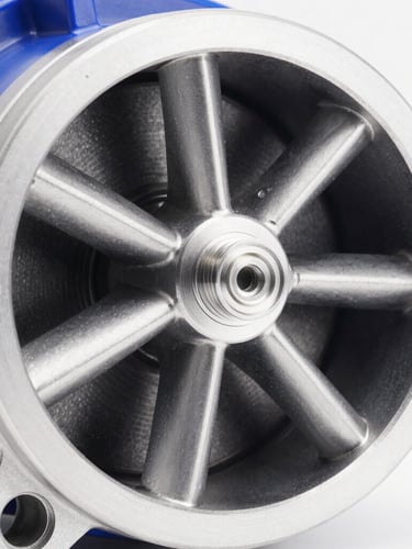 Macro shot of a precision-machined aluminum impeller inside a side channel blower housing, sharp studio lighting, metallic silver and deep blue