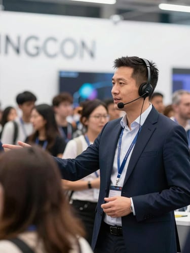 Candid action shot of a professional event coordinator with a headset guiding crowds with calm confidence at a major tech conference, bright natural lighting, 35mm lens