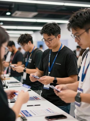 Medium-wide action shot of a professional event registration desk, staff scanning badges with calm confidence under bright modern conference lighting, 35mm lens.