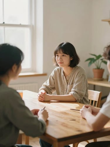 Warm editorial photography of community members sitting around a wooden table in a bright, sunlit room, soft natural window light, gentle earth tones, 35mm film style.