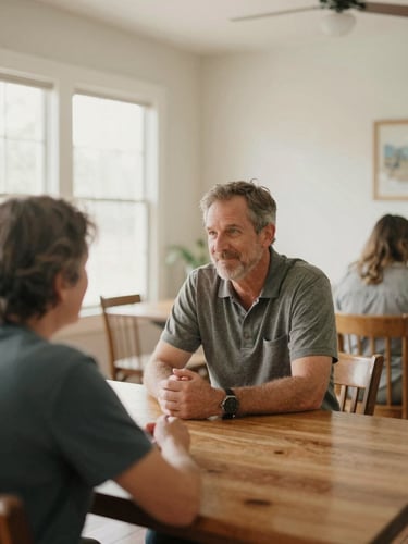 A warm, sunlit community room in Georgia, a mentor and a local resident sitting together at a wooden table, soft focus background, warm 35mm film style.