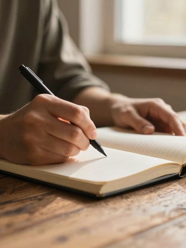 Close-up of hands writing in a notebook on a rustic wooden table, soft golden-hour window light, warm earth tones, shallow depth of field.