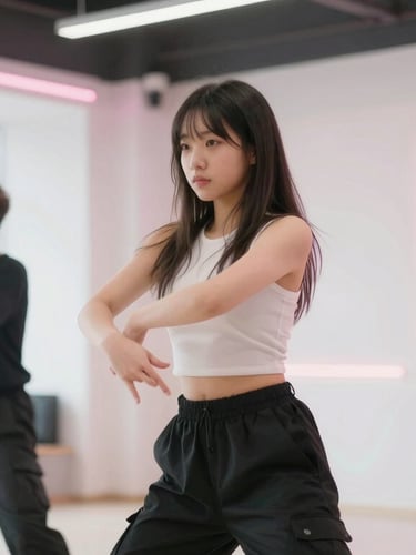 Dynamic vertical portrait of a student practicing a synchronized dance routine in a bright, modern Seoul studio with soft pink neon accents, sharp focus, 35mm