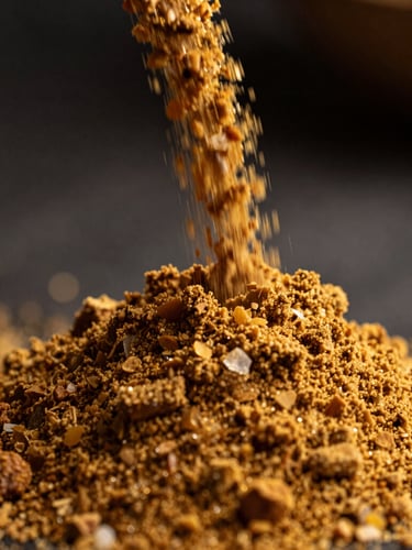 Macro close-up of fine golden-brown arenga sugar powder flowing smoothly under dramatic side-lit studio light, showcasing crystalline texture, high-contrast editorial photography.