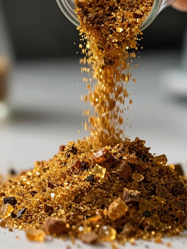 Macro close-up of fine golden-brown arenga sugar powder flowing smoothly in a clean laboratory testing environment, high-key studio lighting, sharp focus on crystalline texture