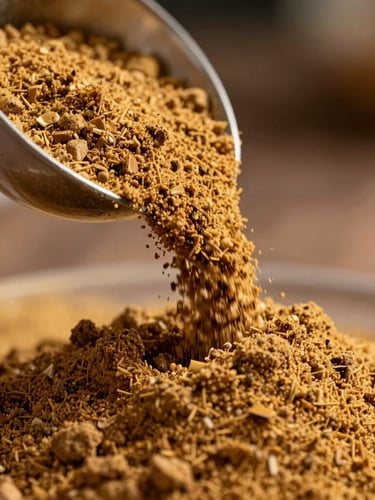 Macro shot of fine golden-brown arenga sugar powder flowing smoothly from a laboratory scoop, dramatic side-lit natural light, rich warm tones