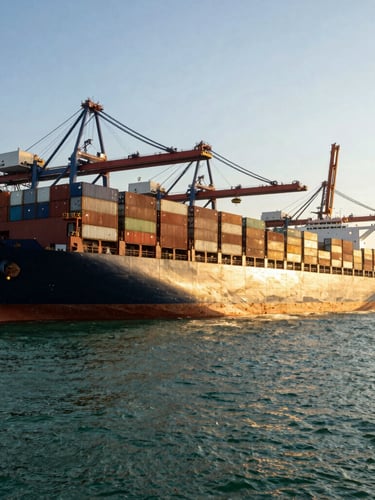 Wide panoramic shot of a massive container ship docked at Tanjung Priok port during early morning light, deep green ocean water, dramatic side-lit cargo cranes in background, clean composition